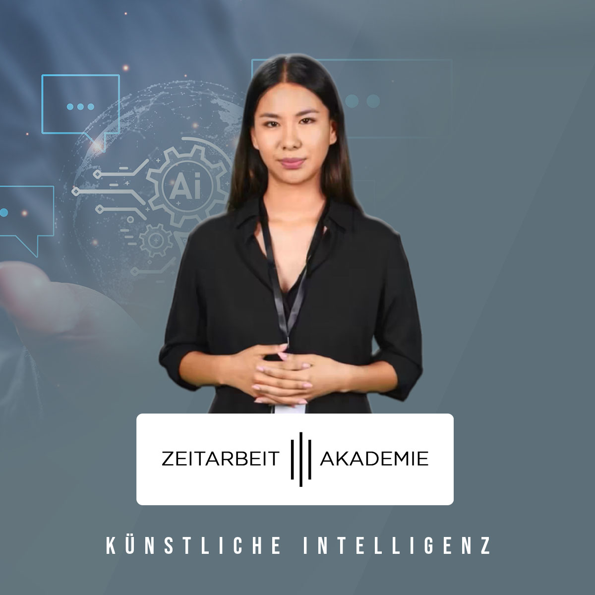 Frau vor AI- und Technik-Hintergrund präsentiert Inhalte zur Künstlichen Intelligenz bei der Zeitarbeit Akademie.