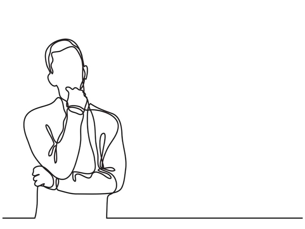 Strichzeichnung einer nachdenklichen Person mit Hand am Kinn, minimalistischer Stil, künstlerische Kontur auf weißem Hintergrund.
