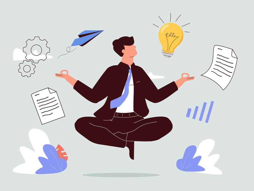Geschäftsmann im Anzug meditiert schwebend mit Glühbirne, Papierflieger, Zahnrädern und Dokumenten, symbolisiert Ideen.