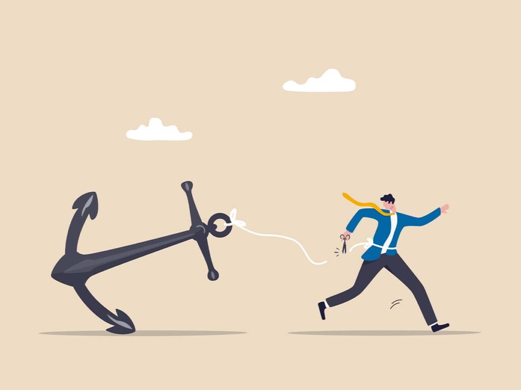 Mann in Anzug läuft von Anker davon, symbolisiert Freiheit und Leichtigkeit. Rationale Entscheidung. Vektor-Illustration.