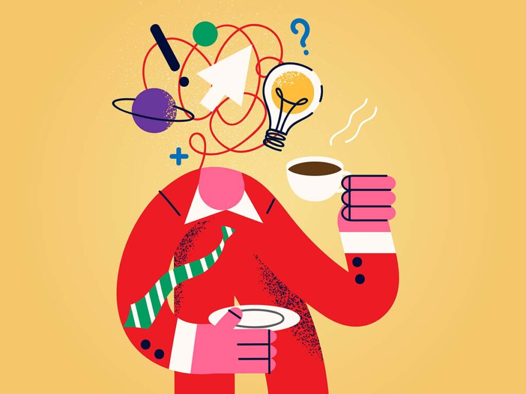 Abstrakte Illustration einer Person im roten Anzug mit Kaffeetasse und Symbolen fürs Denken, Ideenfindung und Kreativität.