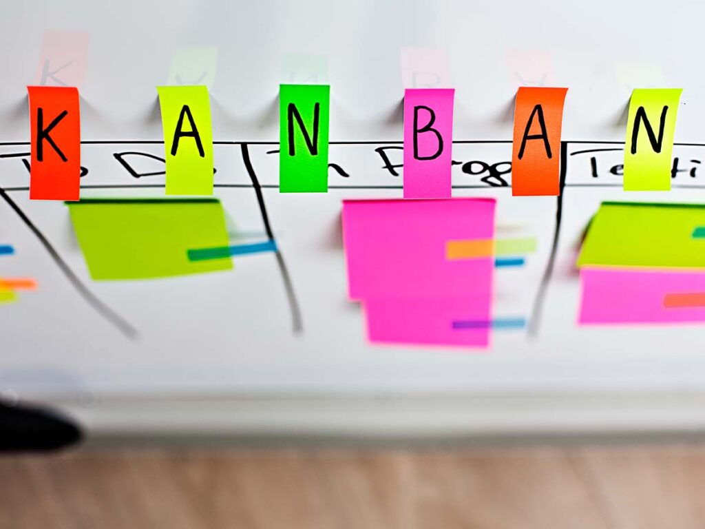 Kanban-Tafel mit bunten Haftnotizen zur Aufgabenverwaltung und Projektplanung im agilen Arbeitsumfeld.