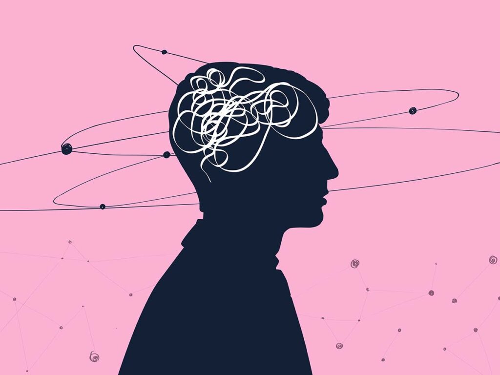 Schattenriss eines Kopfes mit verworrenen Linien symbolisiert komplexe Gedanken auf rosa Hintergrund. Kreativität, mentale Prozesse.