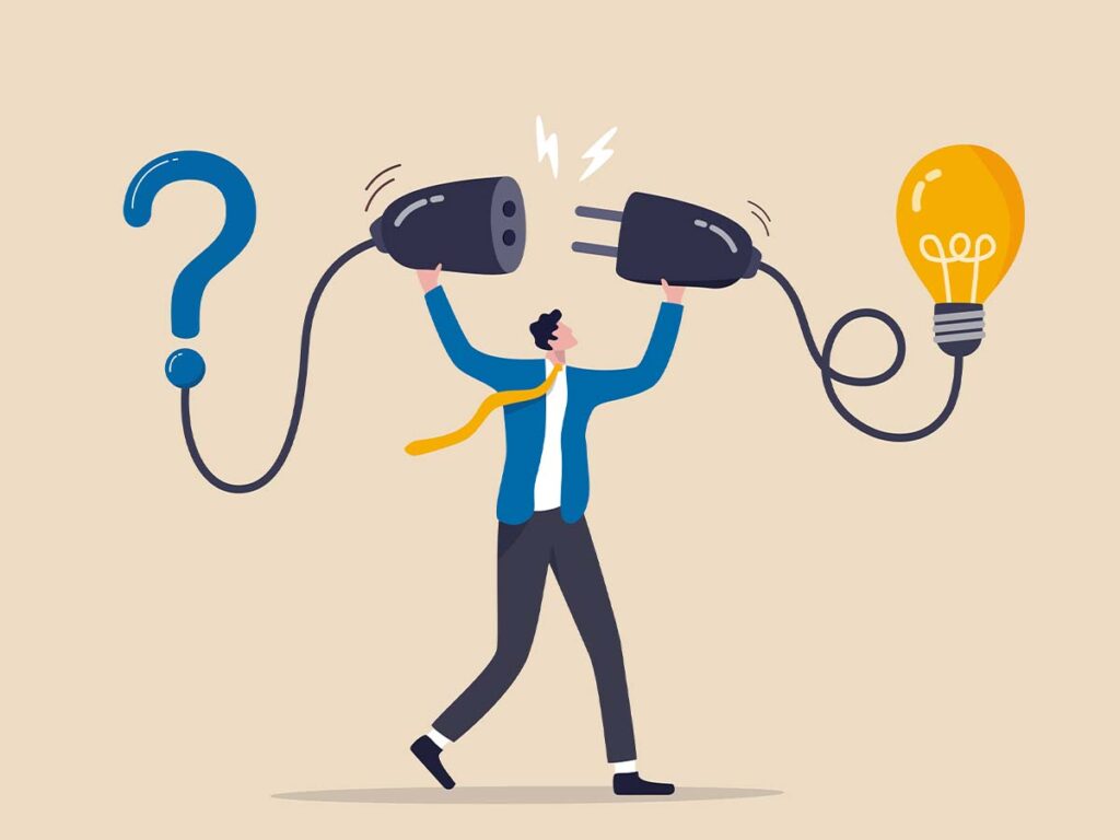 Mann verbindet Stecker eines Fragezeichens mit einer Glühbirne, symbolisiert Problemlösung und Kreativität in Geschäftsideen.