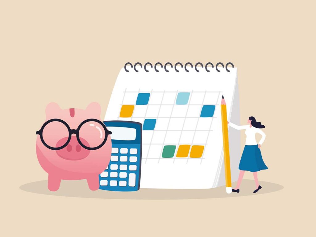 Sparschwein mit Brille, Taschenrechner und Frau mit Stift neben Kalender. Finanzplanung und Budgetierung Konzept.