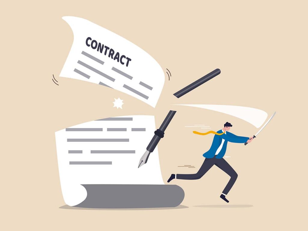 Mann zerschneidet Vertrag mit Schwert: Symbol für Vertragsbruch oder Kündigung. Illustration zu rechtlichen Themen.