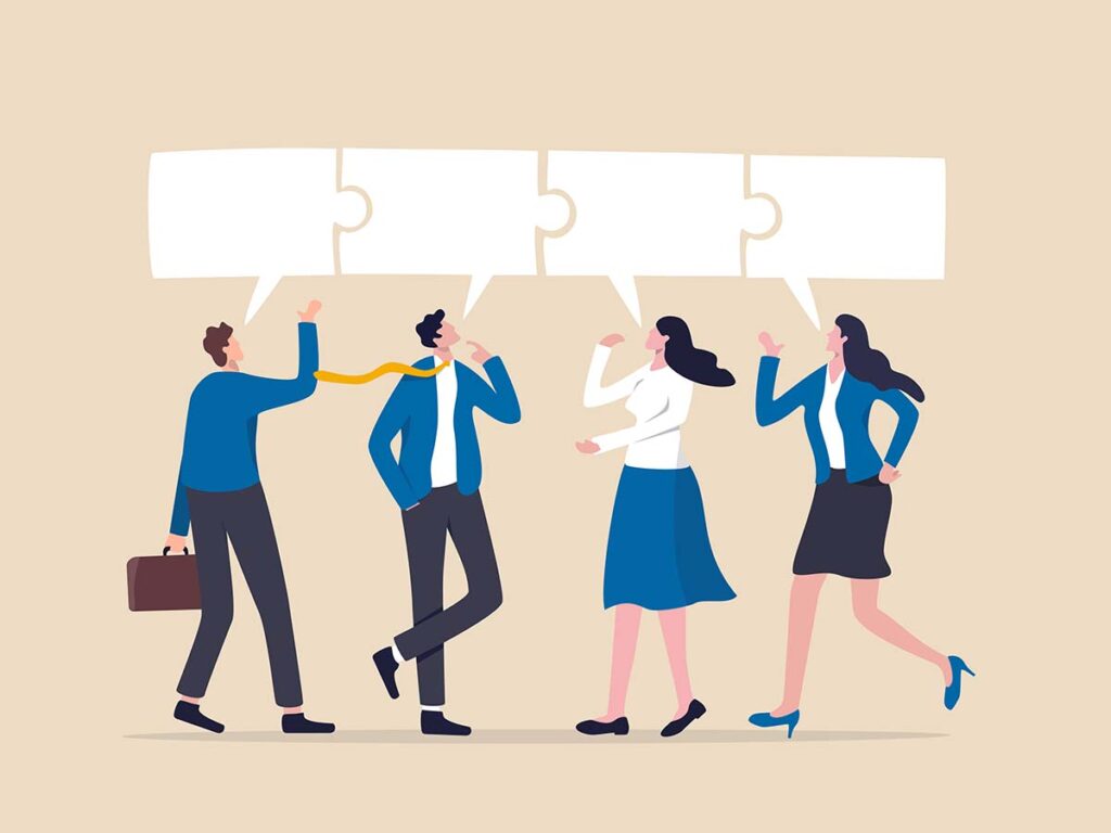 Geschäftsleute diskutieren mit Sprechblasen-Puzzles im Hintergrund, um Teamarbeit und Kommunikation zu betonen.