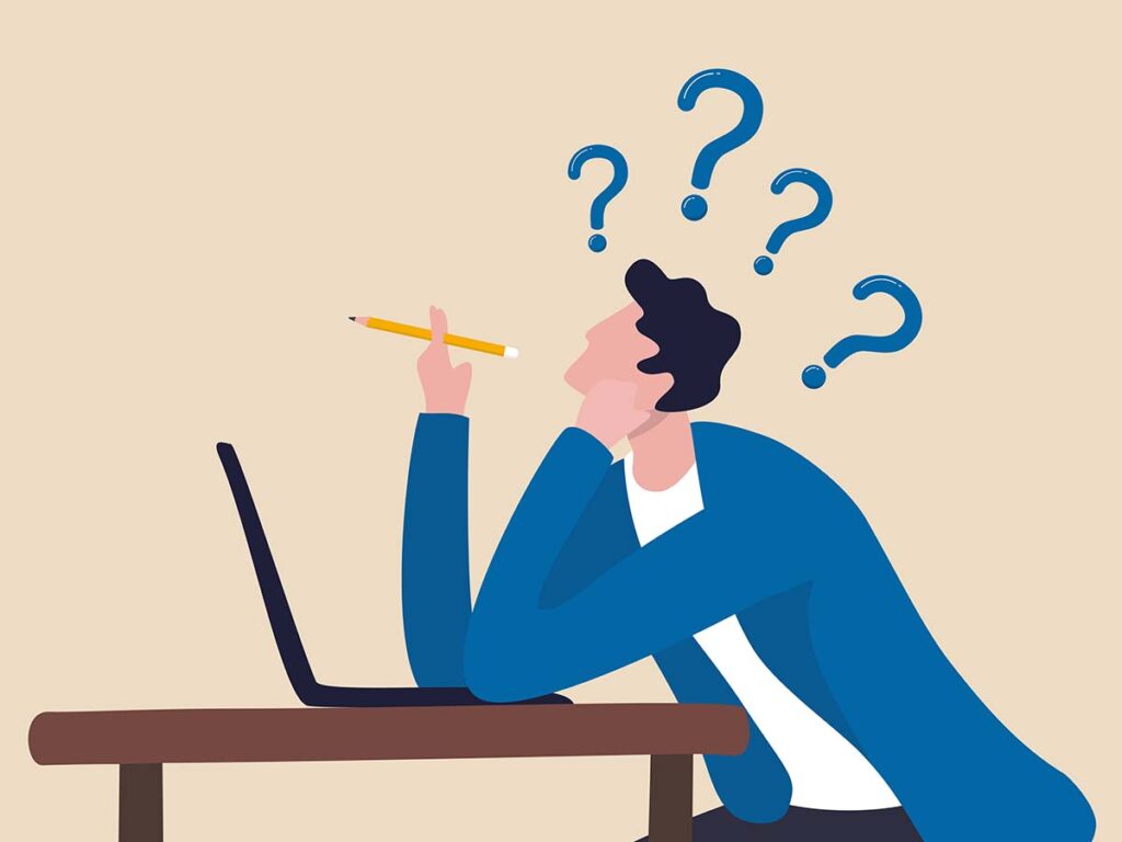 Mann am Laptop denkt nach, umgeben von Fragezeichen. Konzept für Ideenfindung, Kreativität oder Problemlösung im Arbeitsumfeld.