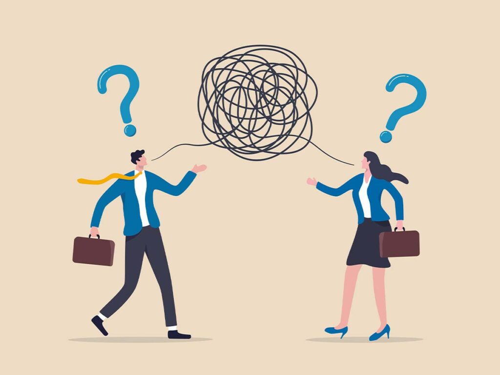 Zwei Personen mit Aktentaschen diskutieren, ihre Sprechblasen zeigen verwirrte Linien und Fragezeichen, Symbol für Missverständnis.