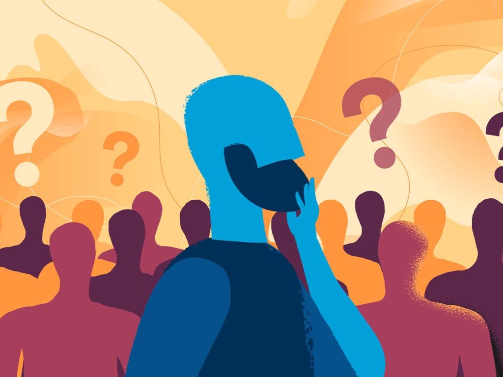 Menschen mit Fragezeichen-Hintergrund symbolisieren Unsicherheit und Entscheidungsfindung in einer Gruppe oder Gemeinschaft.