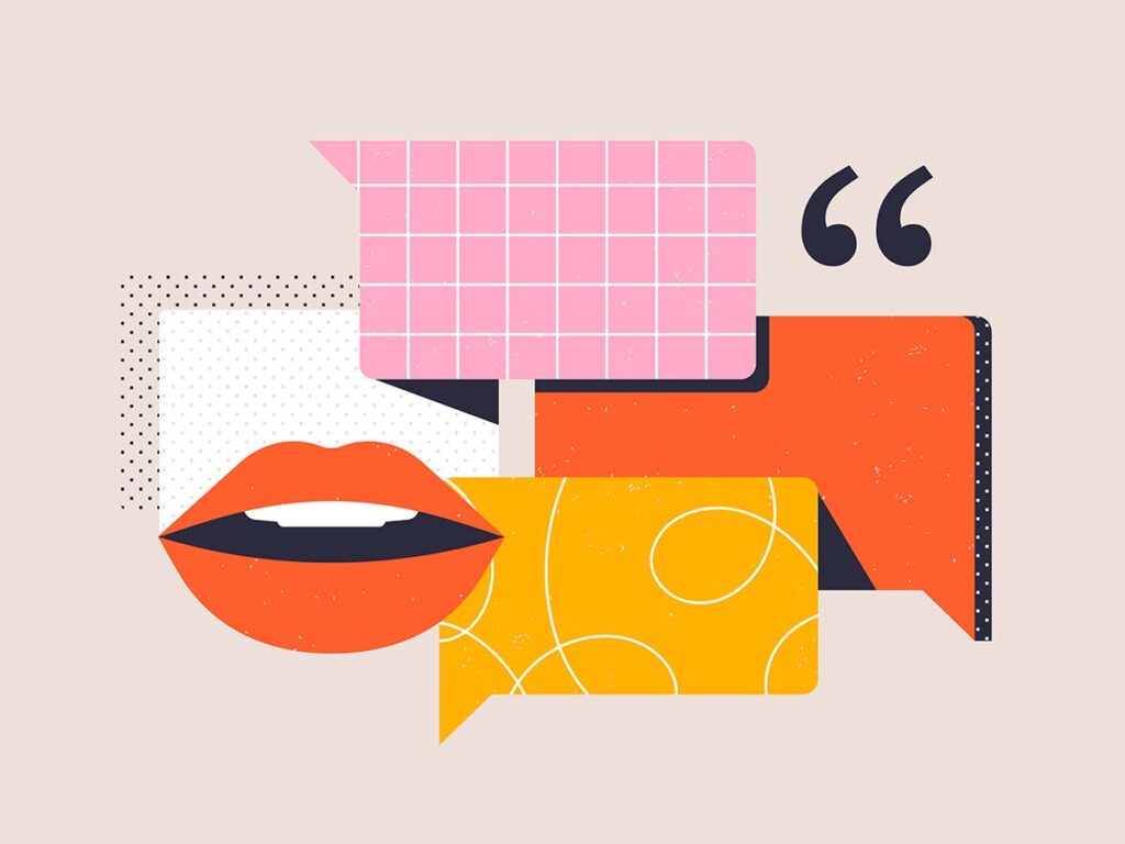 Sprechblasen und rote Lippen symbolisieren Kommunikation, Diskussion und Gespräche in einem bunten grafischen Design.