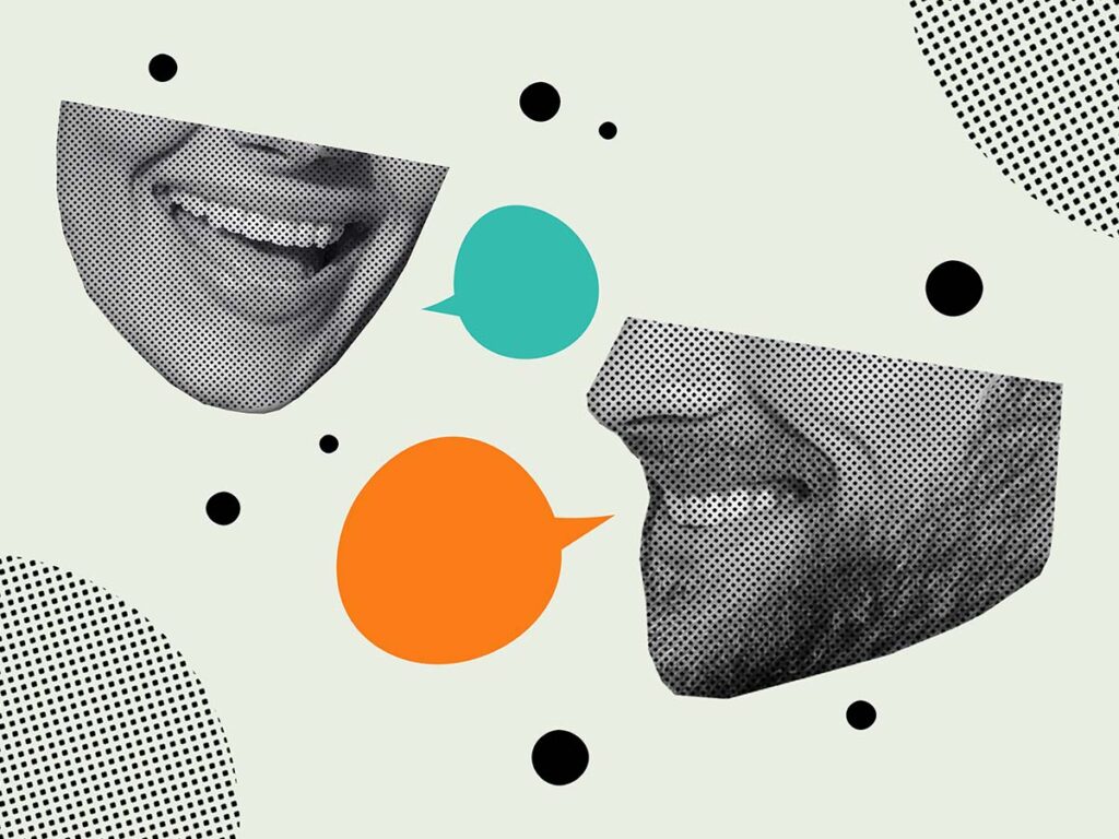 Abstrakte Collage mit lächelnden Gesichtern und Sprechblasen. Konzept der Kommunikation in modernem, kreativem Design.