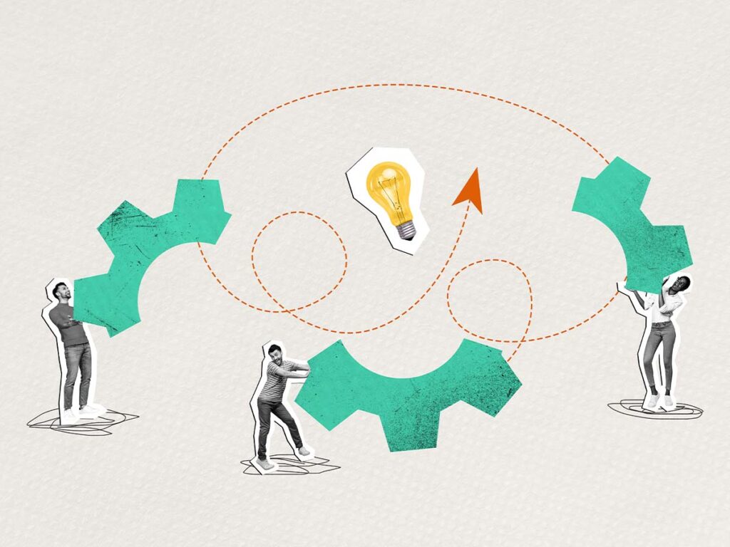 Menschen bewegen große Zahnräder und Glühbirne, symbolisieren Teamwork und Innovation. Zusammenarbeit, Ideenfindung, Effizienz.