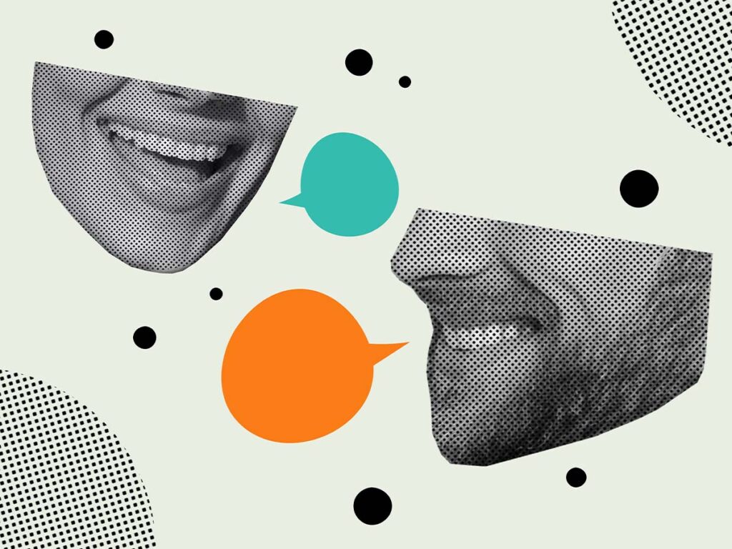 Illustration mit Mündern, aus denen symbolische Sprechblasen kommen, die für Fragearten stehen.