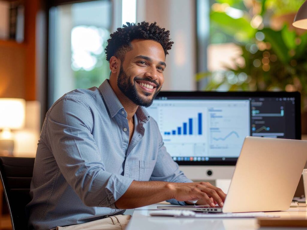 Mann am Laptop mit Datenanalyse-Diagrammen auf dem Bildschirm, arbeitet im modernen Büro. Business, Technologie, Analyse.