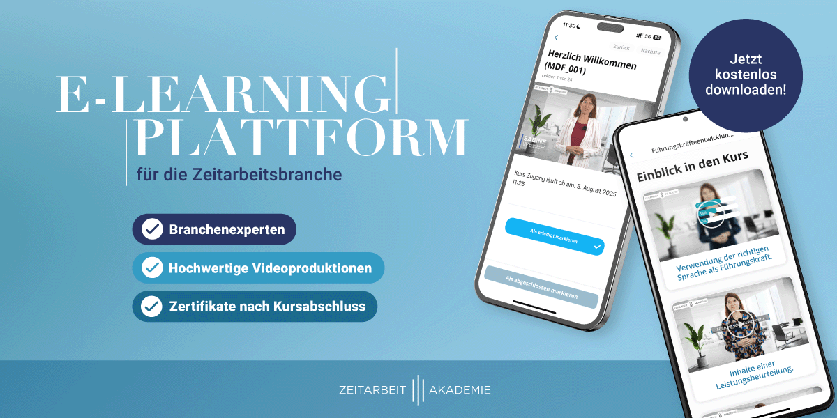 E-Learning-Plattform für Zeitarbeit: Kurse per App, Branchenspezialisten, Video-Content, Zertifikate. Jetzt kostenlos testen!
