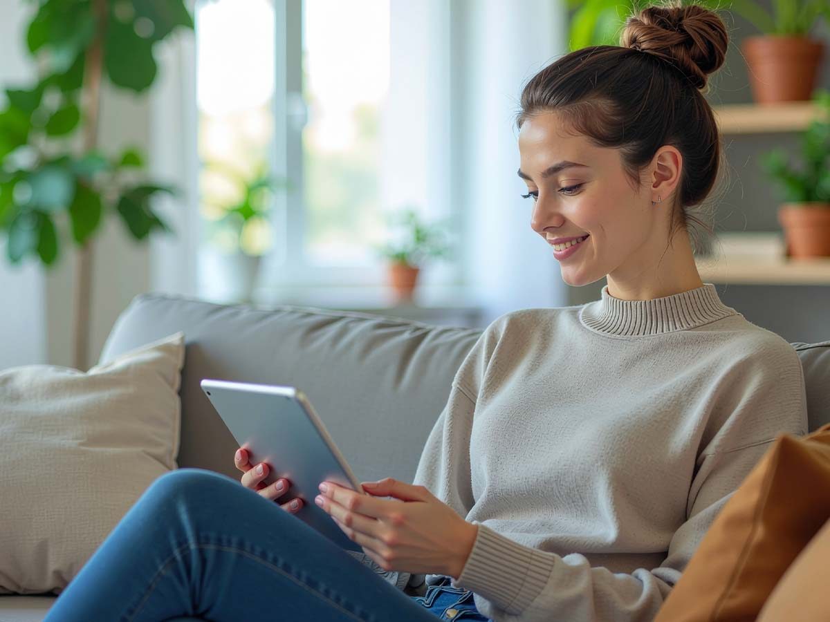 Eine Frau sitzt bequem auf einem Sofa und hält ein Tablet in den Händen, während sie ein Online-Lernmodul betrachtet. Der Bildschirm zeigt Bildungsinhalte, und die Umgebung ist modern und gemütlich, was die Vorteile des digitalen Lernens und der e-Learning-Plattformen unterstreicht.